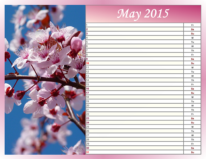 Planner calendar for May