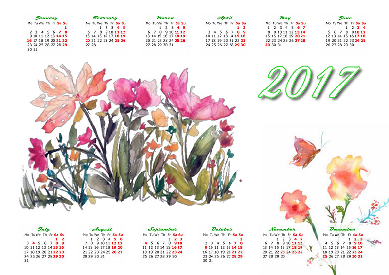 Calendar with watercolor images