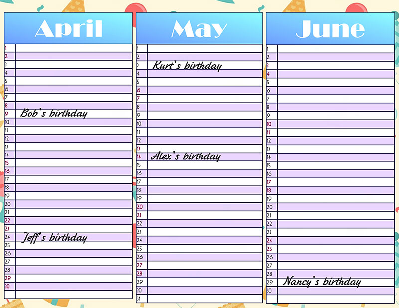 Birthday planner for a quarter