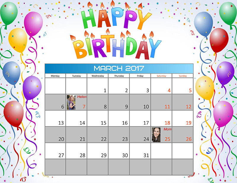 Birthday reminder calendar with photos