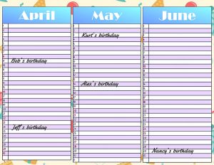 Birthday planner for a quarter