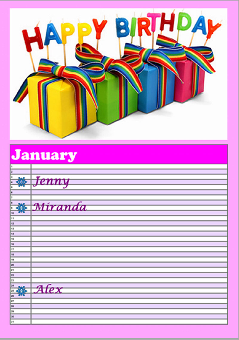 Perpetual Birthday Calendar Examples Free Printables